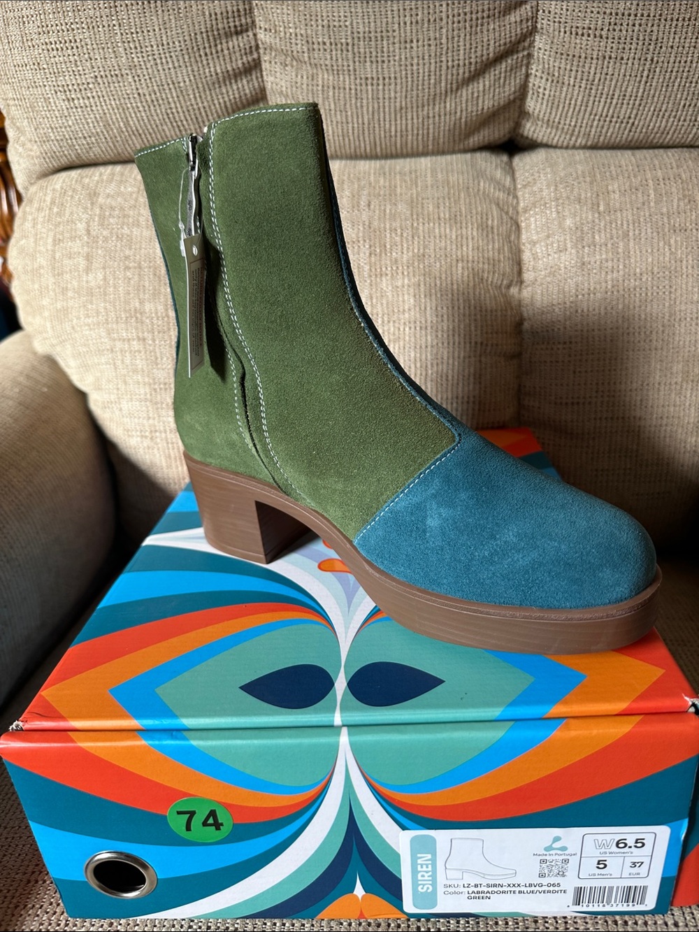 Two-Tone Green & Teal Suede Platform Ankle Boot